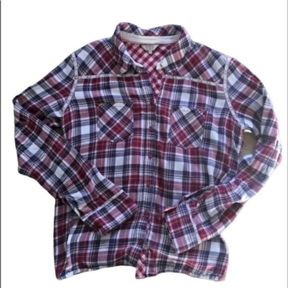 Guess Red Plaid Lace Detail Button Down Long Sleeve Shirt - Picture 6 of 6